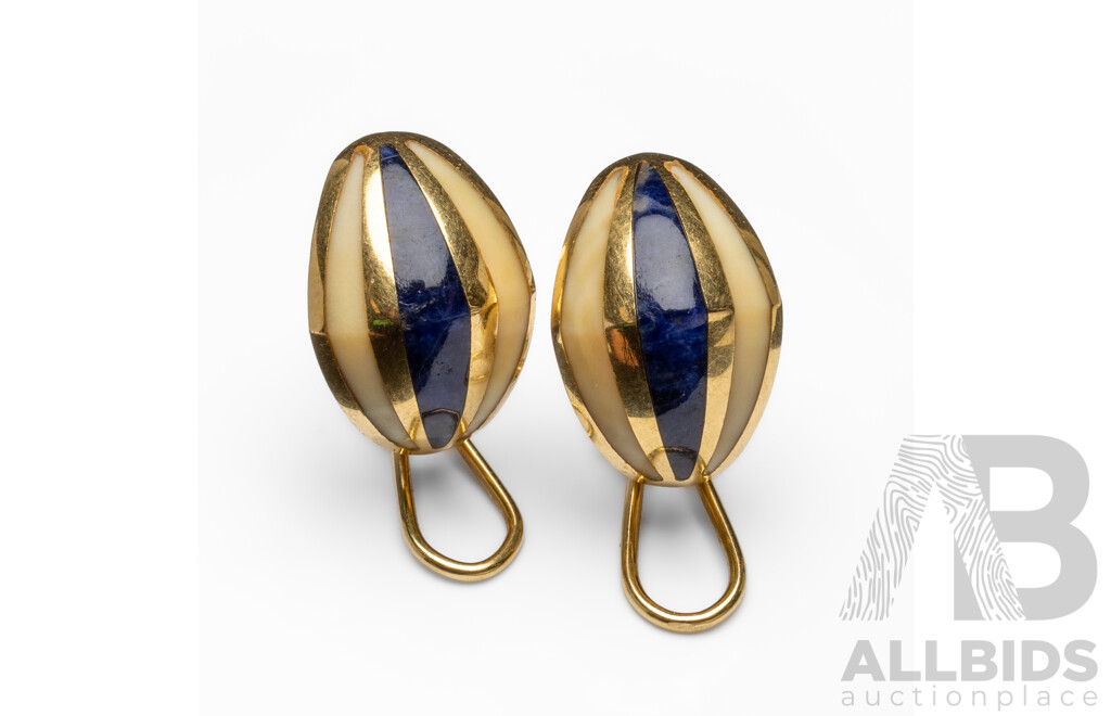 14ct Yellow Gold Earrings with Lapis Lazuli & Ivory Inlay