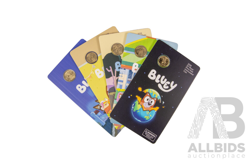 Five Australian RAM 2026 UNC Two Dollar Coins, Bluey Privy Marked, Sleepy Time, Granny Mobile, Camping, Baby Race, Rain