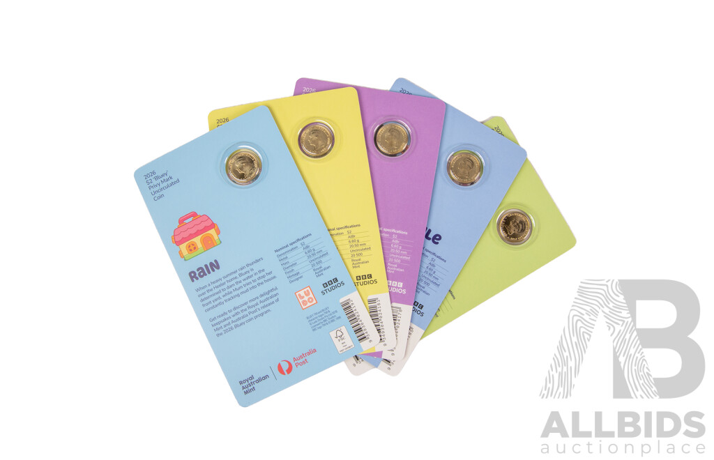 Five Australian RAM 2026 UNC Two Dollar Coins, Bluey Privy Marked, Sleepy Time, Granny Mobile, Camping, Baby Race, Rain