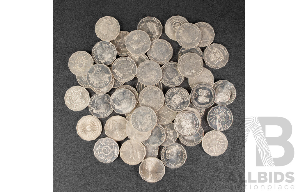 Fifty Australian Fifty Cent Coins Including 2016 Fifty Years Decimal Currency, 1991twenty Five Years Decimal Currency, 2024 Fifty Years NAIDOC(2), 2014 AIATSIS, 2019 Year of Indigenous People, 2017 Mabo..........