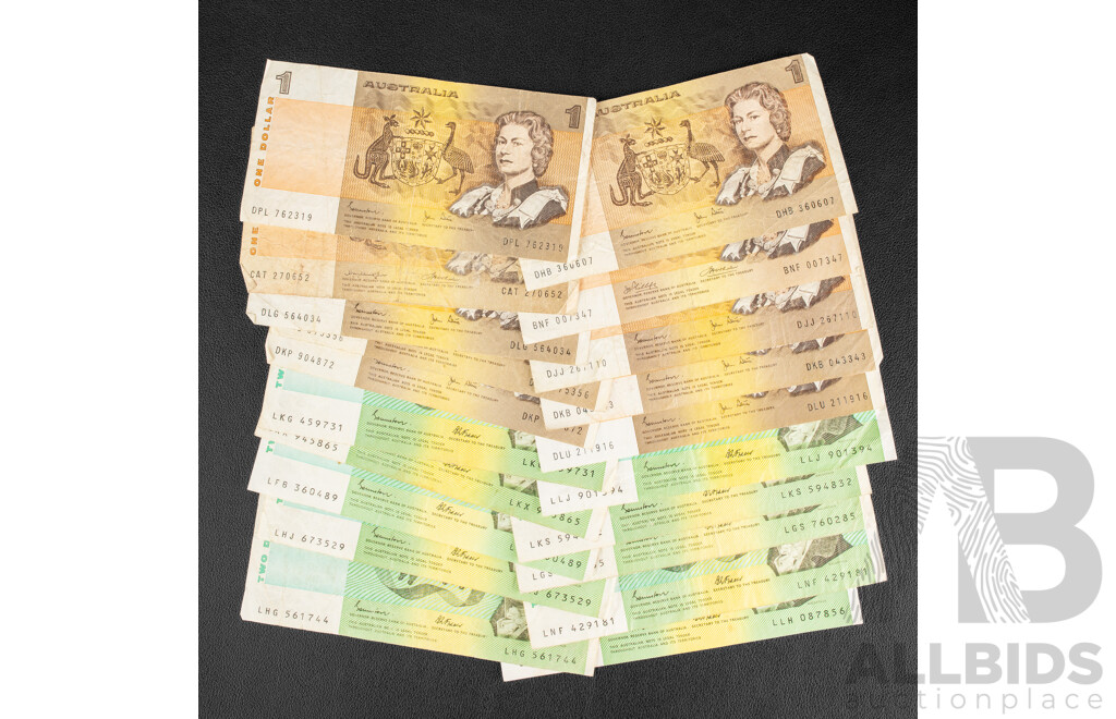 Collection of Australian Vintage Banknotes Including Ten 1985 Two Dollars R89 Johnston/Fraser, Eight 1982 One Dollars R78 Johnston/Stone 1974 Phillips/Wheeler R75, 1976 Knight/Wheeler