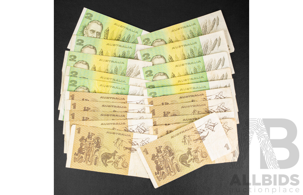 Collection of Australian Vintage Banknotes Including Ten 1985 Two Dollars R89 Johnston/Fraser, Eight 1982 One Dollars R78 Johnston/Stone 1974 Phillips/Wheeler R75, 1976 Knight/Wheeler