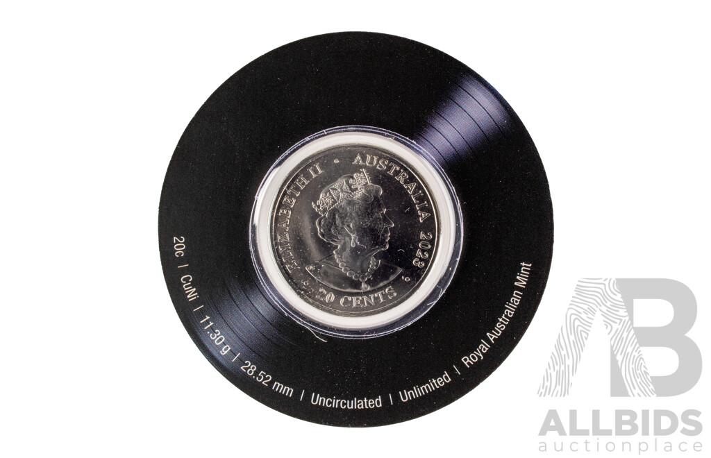 Five Australian RAM 2022/23 AC/DC Commemorative Twenty Cent Coins, Let There Be Rock, Flick the Switch, Blow Up Your Video, Powerage, Black Ice