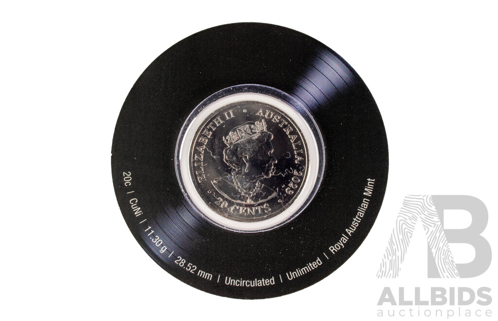 Five Australian RAM 2022/23 AC/DC Commemorative Twenty Cent Coins, Let There Be Rock, Flick the Switch, Blow Up Your Video, Powerage, Black Ice