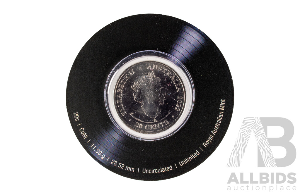 Five Australian RAM 2022/23 AC/DC Commemorative Twenty Cent Coins, Let There Be Rock, Flick the Switch, Blow Up Your Video, Powerage, Black Ice