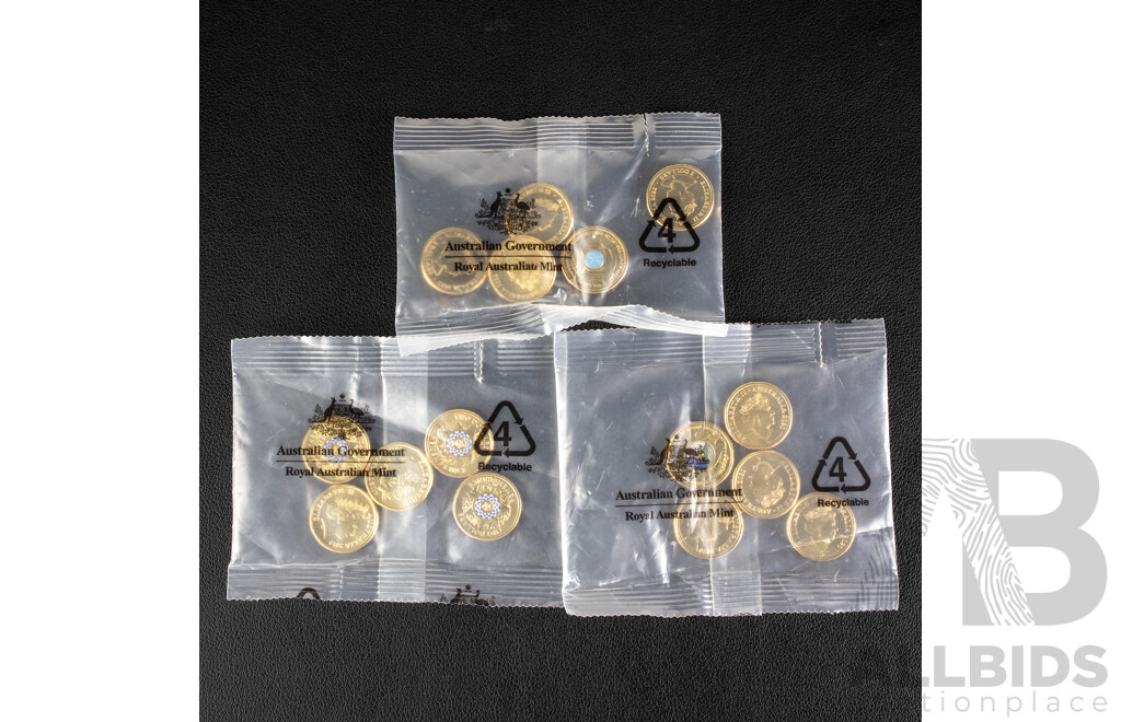 Fifteen Australian RAM UNC Two Dollar Coins Including Five 2022 75th Anniversary of Peacekeeping, Five 2020 75 Years End of WW2, Five 2019 Police Remembrance
