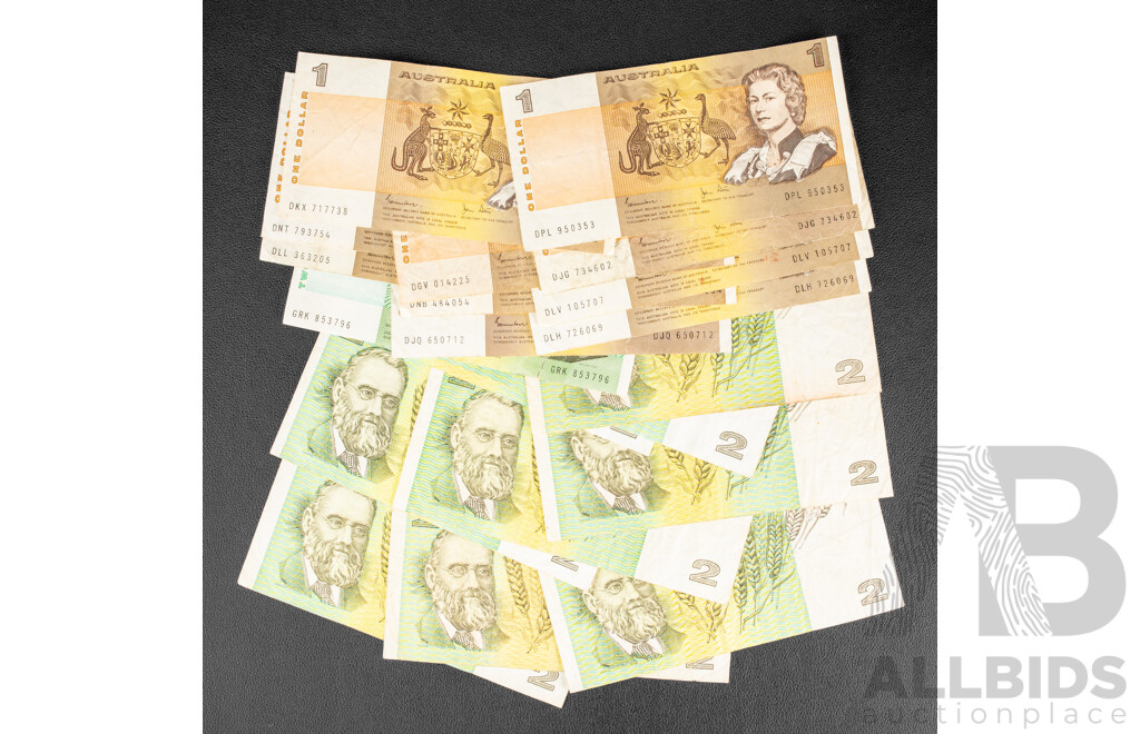 Collection of Australian One and Two Dollar Notes Including Ten Two Dollars, Eight 1985 R89 Johnston/Fraser, One 1983 R88 Johnston/Stone, One 1972 R84 Phillips/Wheeler, Ten 1982 One Dollars, R78 Johnston/Stone