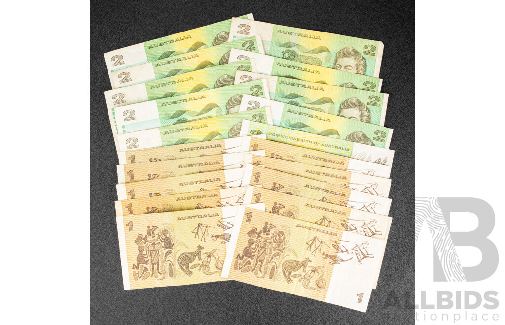 Collection of Australian One and Two Dollar Notes Including Ten Two Dollars, Eight 1985 R89 Johnston/Fraser, One 1983 R88 Johnston/Stone, One 1972 R84 Phillips/Wheeler, Ten 1982 One Dollars, R78 Johnston/Stone