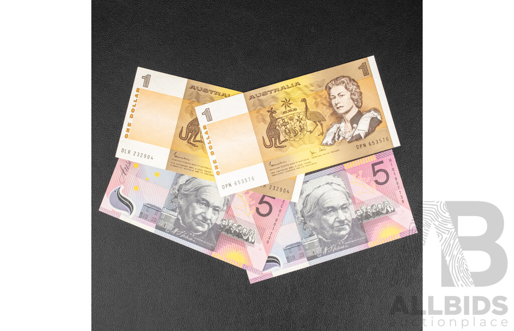 Four Australian Banknotes Including Two 2001 Five Dollars R219 Macfarlane/Evans, Two One Dollars 1982 R78 Johnston/Stone