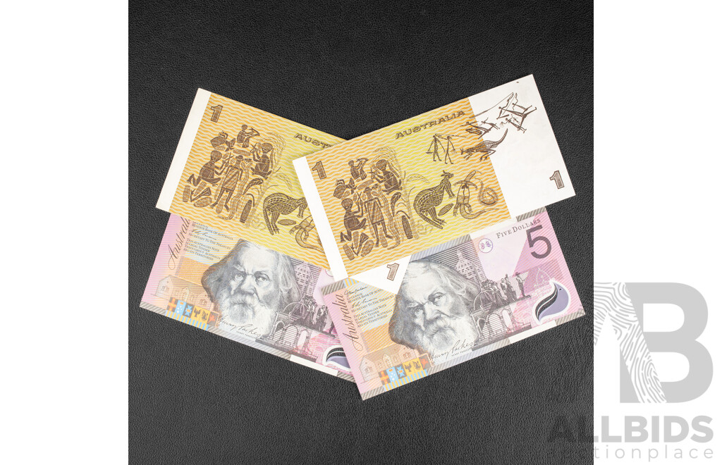 Four Australian Banknotes Including Two 2001 Five Dollars R219 Macfarlane/Evans, Two One Dollars 1982 R78 Johnston/Stone