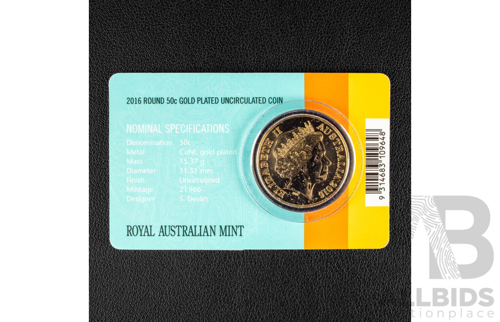 Australian RAM 2016 Gold Plated Round Fifty Cent Coin, 50th Anniversary of Decimal Currency