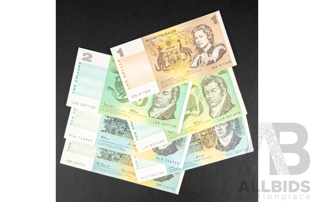 Six Australian Banknotes Including Three Ten Dollars, 1966 Coombs/Wilson R301, Two 1991 Fraser/Cole R313a, Two 1985 Two Dollars, Johnston/Fraser R89, 1976 One Dollar, Knight/Wheeler R76a