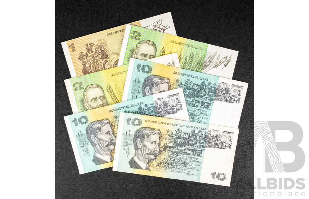 Six Australian Banknotes Including Three Ten Dollars, 1966 Coombs/Wilson R301, Two 1991 Fraser/Cole R313a, Two 1985 Two Dollars, Johnston/Fraser R89, 1976 One Dollar, Knight/Wheeler R76a