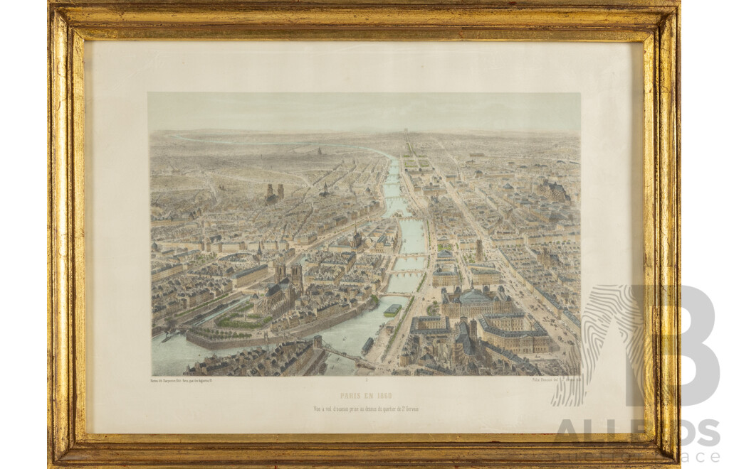 Felix Benoist & Jules Arnout (19th Century, French, 1818-1896 & 1814-1882), Paris en 1860, Antique Handcoloured Lithograph, 39 6x 53 cm (frame)