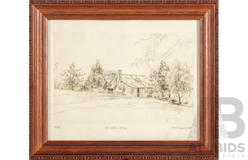 Jill Clingan, (20th Century, Australian, 1942-), Blundell's Cottage (1981), Editioned & Signed Original Etching, 25 x 30 cm (frame)