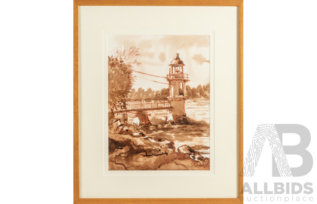 Susan Farrell (20th Century, Australian), Lighthouse - Bradley's Head (2008), Original Sepia Ink & Conte Pencil on Arches Paper, 60 x 50 cm (frame)
