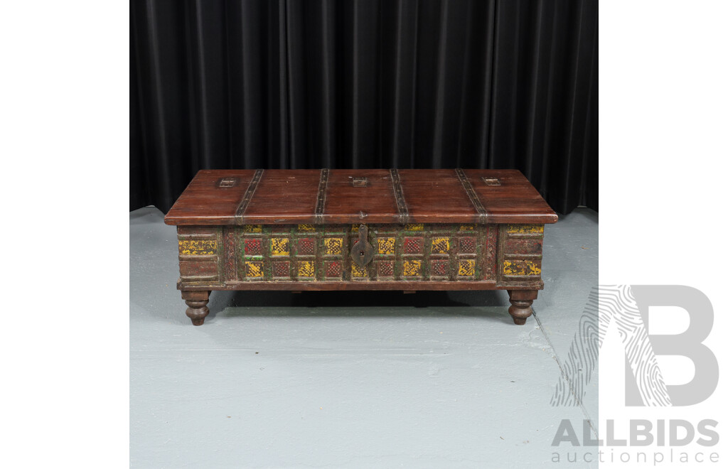 Vintage Indian Teak Pitara Chest with Iron Bindings