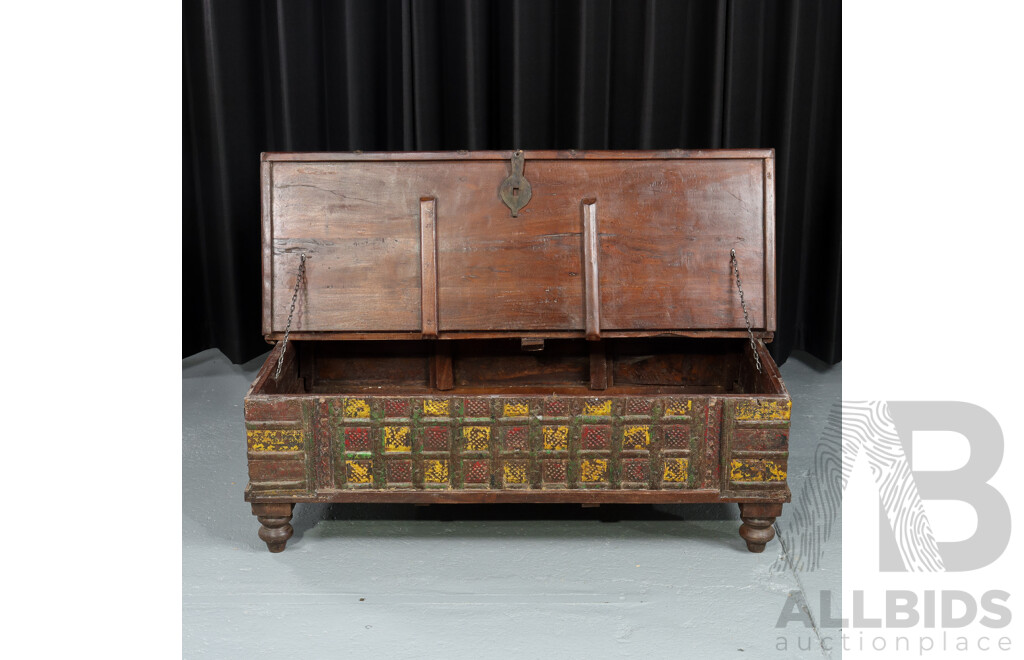 Vintage Indian Teak Pitara Chest with Iron Bindings
