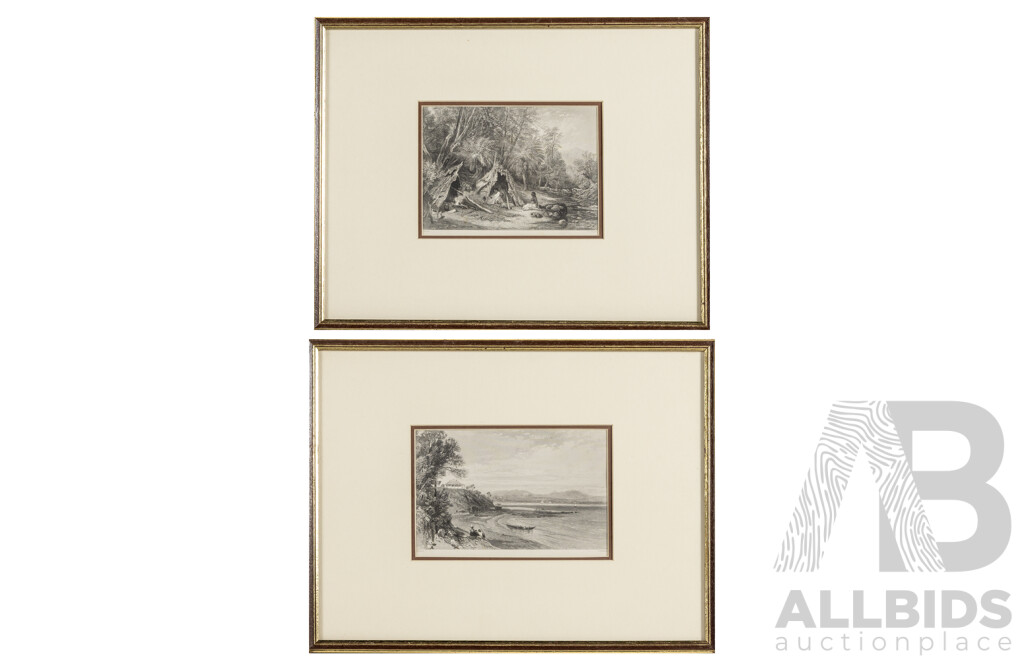 Samuel Prout (18/19th Centuries, British, 1783-1852), Broulee, NSW & Native Encampment, Pair of Antique Steel Engravings, 32 x 42 cm (larger frame) (2)