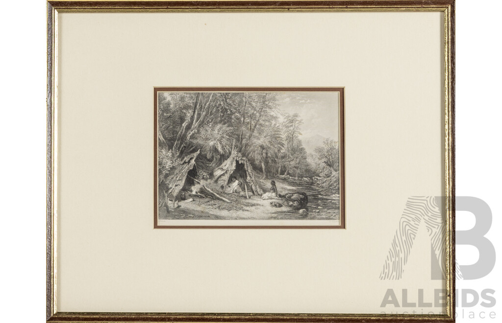 Samuel Prout (18/19th Centuries, British, 1783-1852), Broulee, NSW & Native Encampment, Pair of Antique Steel Engravings, 32 x 42 cm (larger frame) (2)