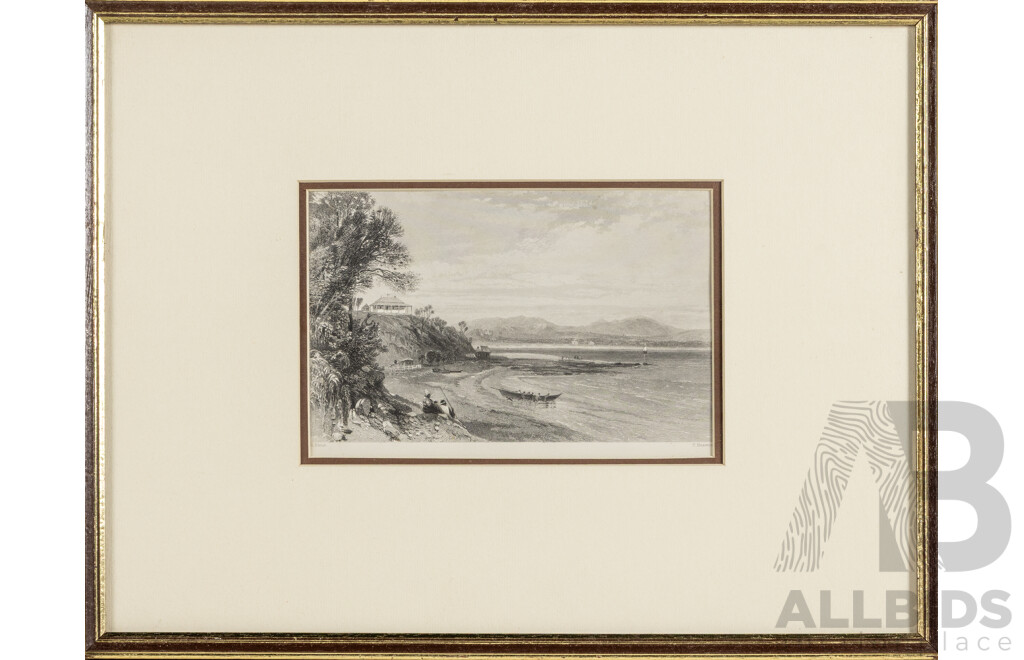 Samuel Prout (18/19th Centuries, British, 1783-1852), Broulee, NSW & Native Encampment, Pair of Antique Steel Engravings, 32 x 42 cm (larger frame) (2)