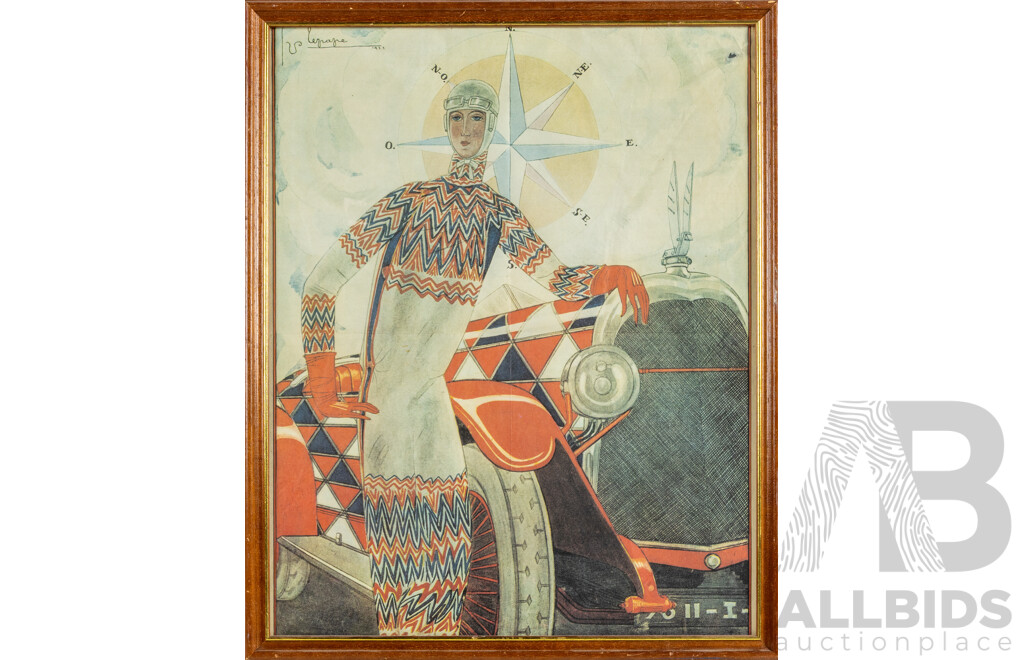 Georges Lepape (19/20th Centuries, French, 1887-1971), Antique Colour Print of Original January 1925 British Vogue Magazine Cover, 54 X 44 Cm (frame)