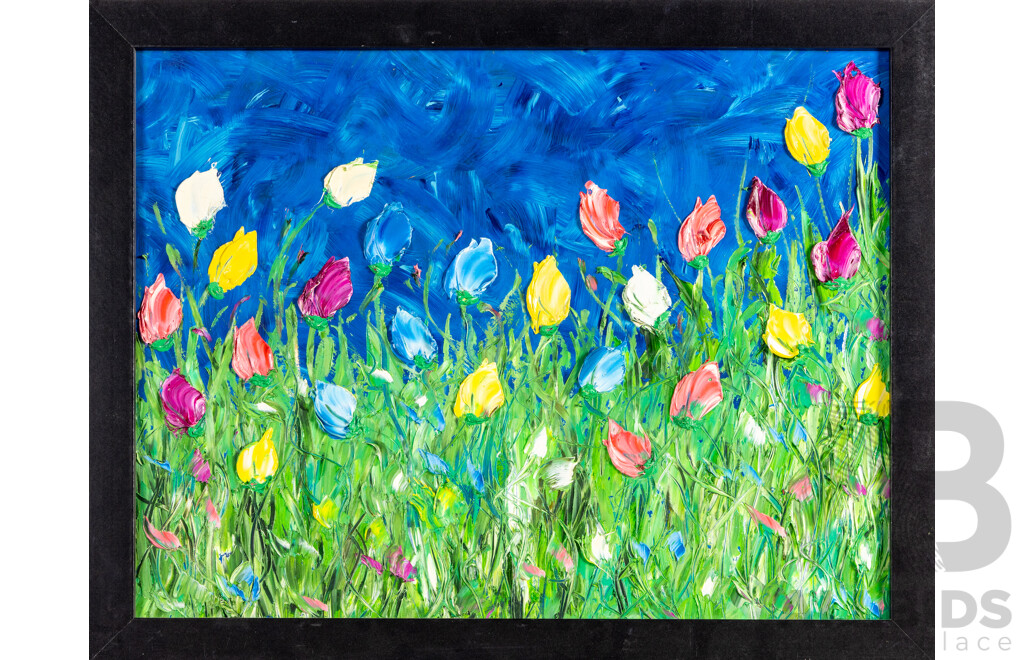 Jack Shahine (20th Century, Australian), Tulip Field, Wonderful Original Acrylic on Board, 52 x 67 cm (frame)