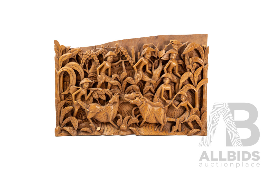 Artist Unknown (20th Century, Asian School), Village Life, Traditional Vintage Balinese Wood Carving [Kriya Ukiran Kayu], 33W x 50H cm