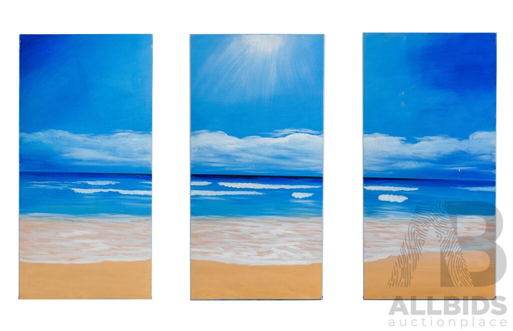 Artist Unknown (20th Century), the Infinite Coast, Wonderful Original Separate Paneled Triptych, Oil on Canvas, 80 x 40 cm (3)