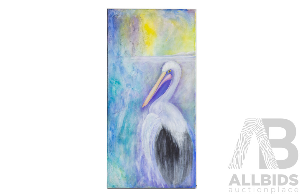 Jill O'Brien, (20th Century, Australian), Pensive Pelican, Wonderful Original Oil on Canvas, 60 x 30 cm