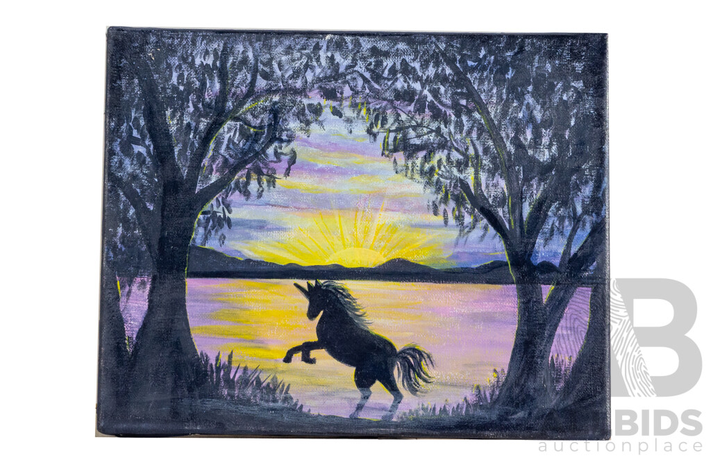 Jill O'Brien, (20th Century, Australian), Magical Unicorn Sunset, Wonderful Original Oil on Canvas, 24 x 30 cm
