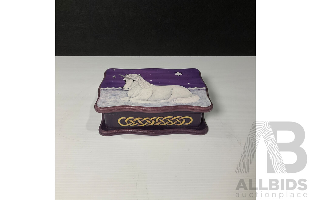 Jill O'Brien (20th Century, Australian), Hand Painted Wooden Unicorn Jewellery Box, 15H x 22W x 7D cm (dimensions approx)