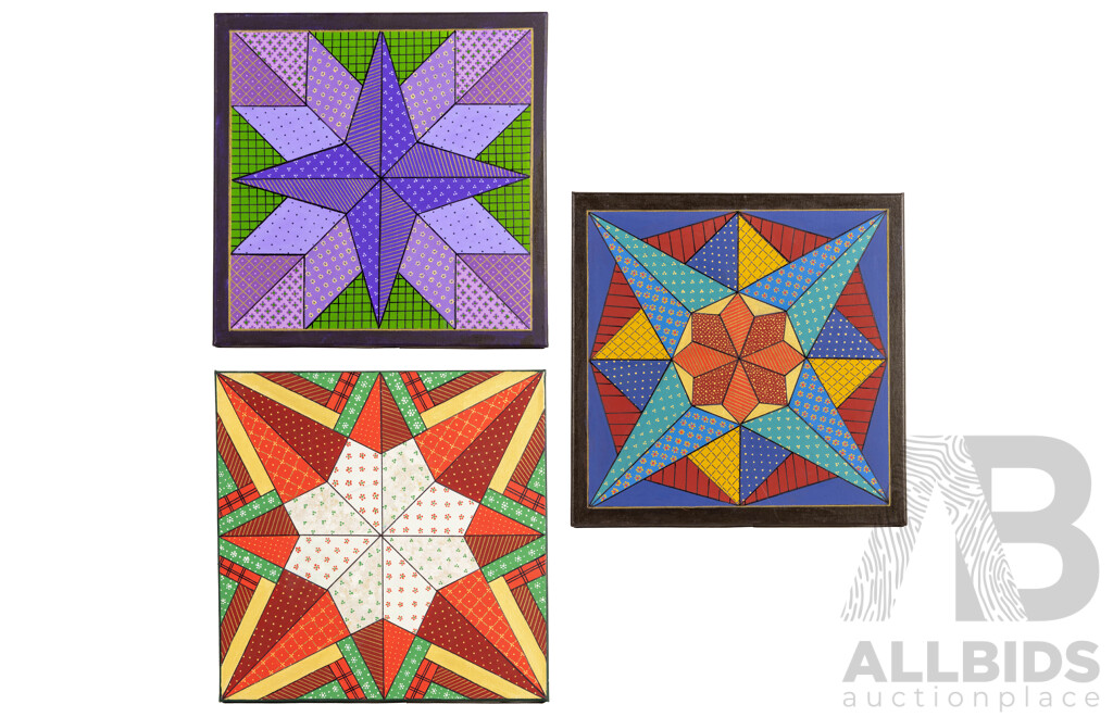 Jill O'Brien (20th Century, Australian), Festive Folk Star, Star of Promise & Compass Star, Lovely Trio of Original Quilt Design Inspired Oil on Canvases, 40 X 40 Cm (3)