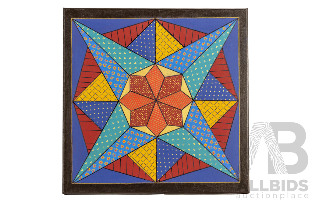 Jill O'Brien (20th Century, Australian), Festive Folk Star, Star of Promise & Compass Star, Lovely Trio of Original Quilt Design Inspired Oil on Canvases, 40 X 40 Cm (3)