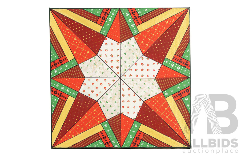Jill O'Brien (20th Century, Australian), Festive Folk Star, Star of Promise & Compass Star, Lovely Trio of Original Quilt Design Inspired Oil on Canvases, 40 X 40 Cm (3)