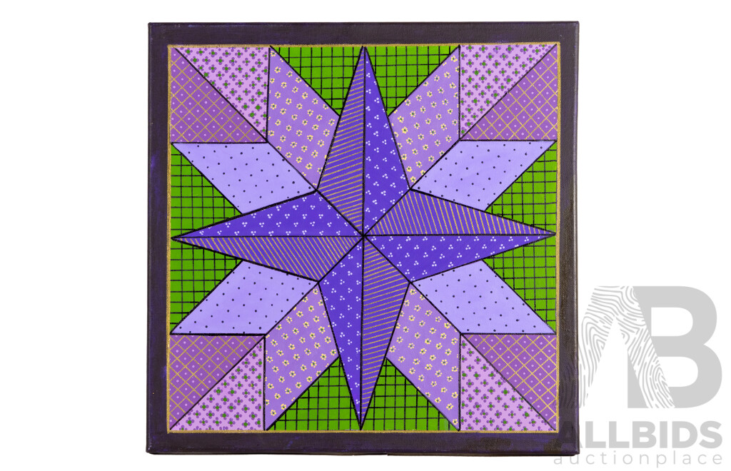 Jill O'Brien (20th Century, Australian), Festive Folk Star, Star of Promise & Compass Star, Lovely Trio of Original Quilt Design Inspired Oil on Canvases, 40 X 40 Cm (3)