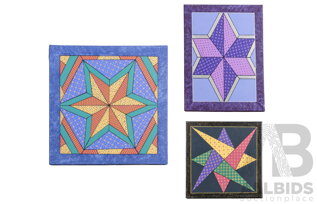 Jill O'Brien (20th Century, Australian), Morning Star, Symmetry in Purple, Nice Trio of Original Quilt Design Inspired Oil on Canvases, 45 X 45 Cm (largest) (3)
