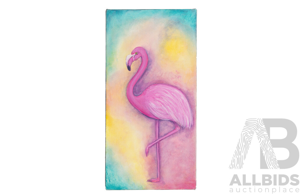 Jill O'Brien (20th Century, Australian), Pink Flamingo Sunset, Wonderful Original Oil on Canvas, 51 x 26 cm