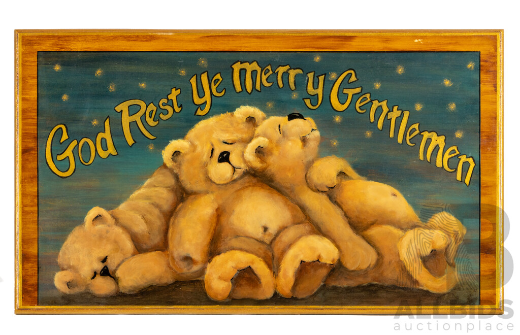 Jill O'Brien (20th Century, Australian), God Rest Ye Merry Gentlemen, Wonderful Original Enameled Oil on Wood Panel, 27 x 48 cm (frame)