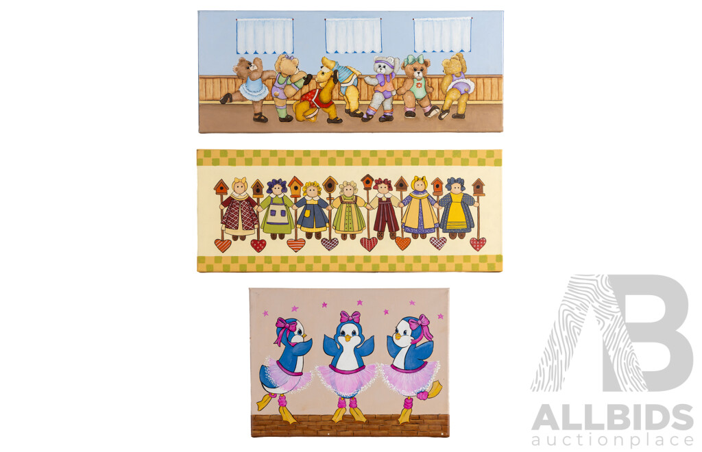 Jill O'Brien, (20th Century, Australian), Penguin Pirouettes, Bear Ballerinas & Folk Art Doll Chain, Nice Trio of Original Oil on Canvases, 31 x 76 cm (largest) (3)