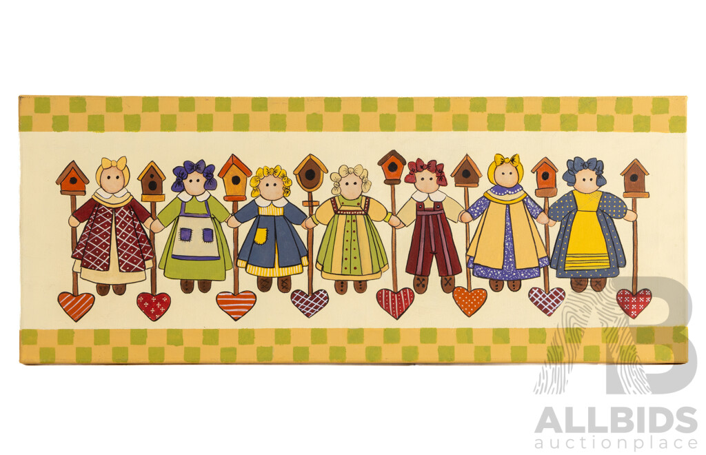 Jill O'Brien, (20th Century, Australian), Penguin Pirouettes, Bear Ballerinas & Folk Art Doll Chain, Nice Trio of Original Oil on Canvases, 31 x 76 cm (largest) (3)