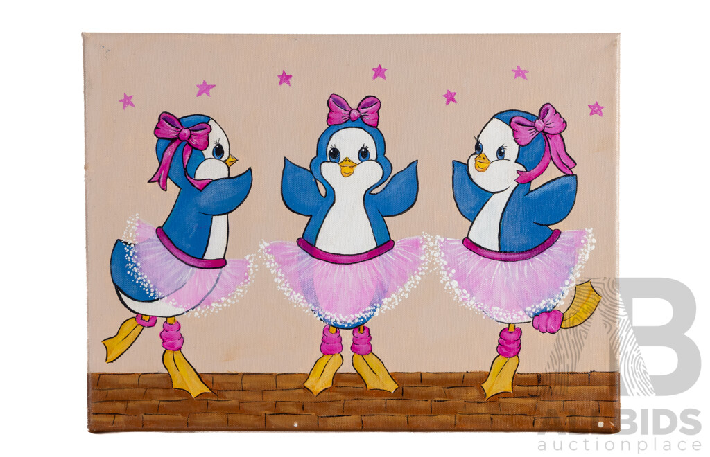 Jill O'Brien, (20th Century, Australian), Penguin Pirouettes, Bear Ballerinas & Folk Art Doll Chain, Nice Trio of Original Oil on Canvases, 31 x 76 cm (largest) (3)