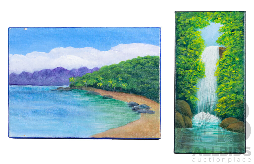 Jill O'Brien, (20th Century, Australian), Azure Shores & Verdant Waterfall, Pair of Original Miniature Oil on Canvases, 24 x 33 cm (largest) (2)