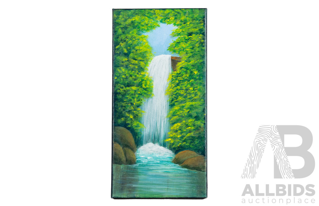Jill O'Brien, (20th Century, Australian), Azure Shores & Verdant Waterfall, Pair of Original Miniature Oil on Canvases, 24 x 33 cm (largest) (2)