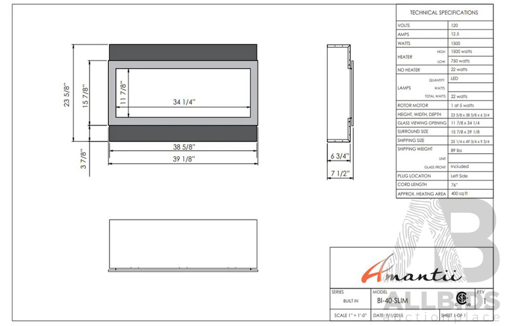 Amantii BI-40-SLIM 40-Inches Panorama Slim Electric Fireplace (BI-40-SLIM)