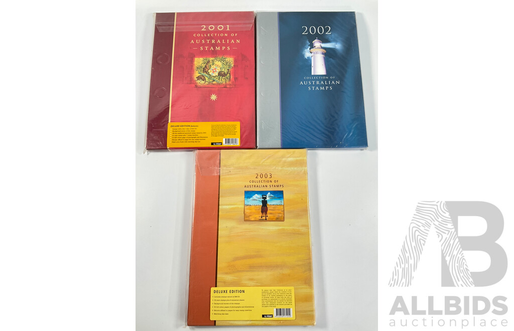 Three Australian Deluxe Edition Annual Stamp Albums Including 2001, 2002, 2003 - Face Value $156