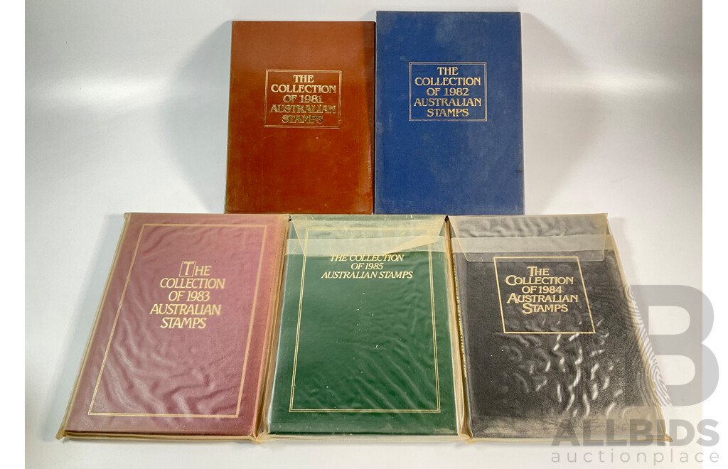 Five Australian Annual Stamp Albums Including 1981, 1982, 1983, 1984, 1985 - Face Value $100