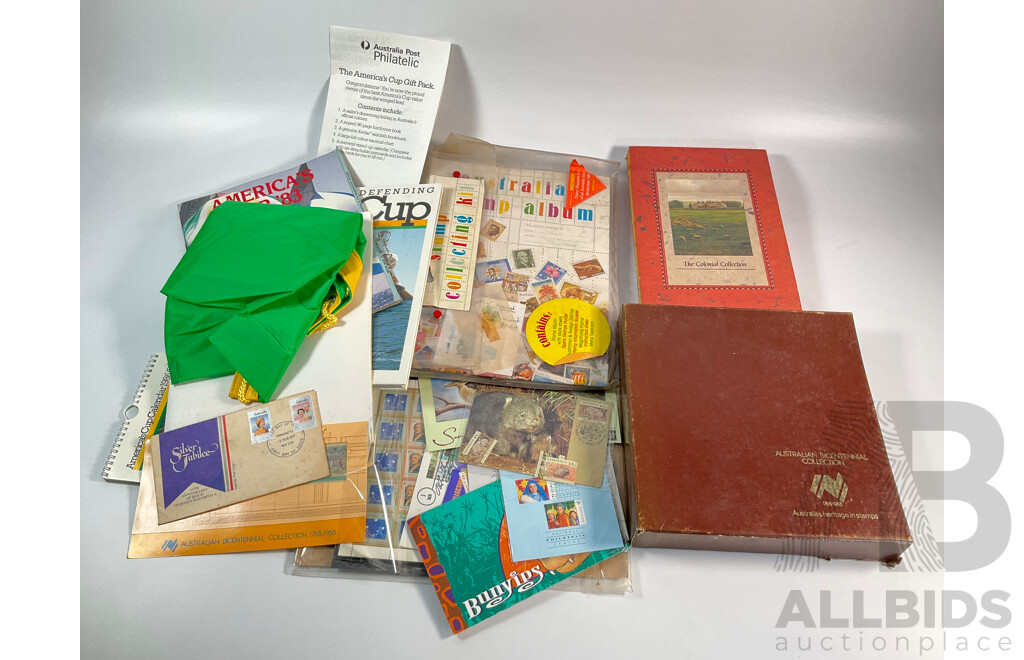 Collection of Australian Stamp Packs Including Stamp Collecting Kit, the Colonial Collection, 1988 Bicentennial Set, 50th Anniversary Women in Parliament Mint Sheet, 1986/87 Winning and Defending the Cup Post Cards, Book, Poster Bag