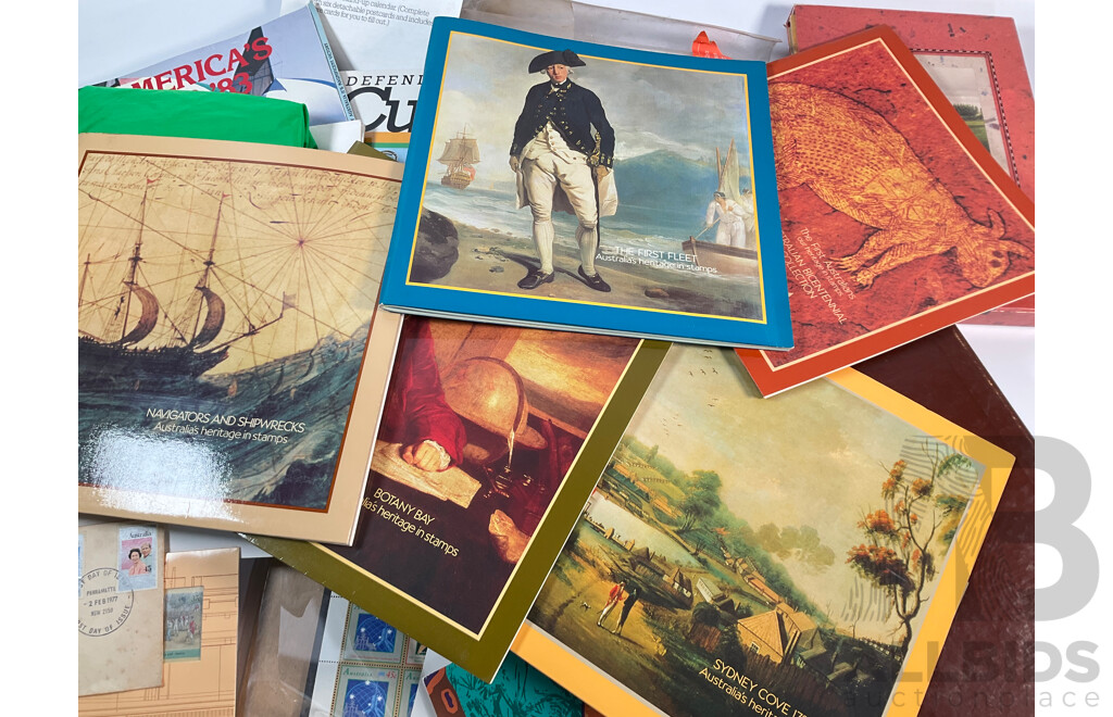 Collection of Australian Stamp Packs Including Stamp Collecting Kit, the Colonial Collection, 1988 Bicentennial Set, 50th Anniversary Women in Parliament Mint Sheet, 1986/87 Winning and Defending the Cup Post Cards, Book, Poster Bag