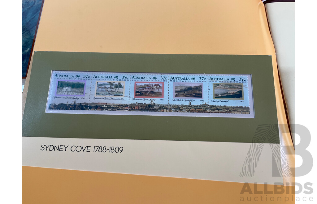 Collection of Australian Stamp Packs Including Stamp Collecting Kit, the Colonial Collection, 1988 Bicentennial Set, 50th Anniversary Women in Parliament Mint Sheet, 1986/87 Winning and Defending the Cup Post Cards, Book, Poster Bag